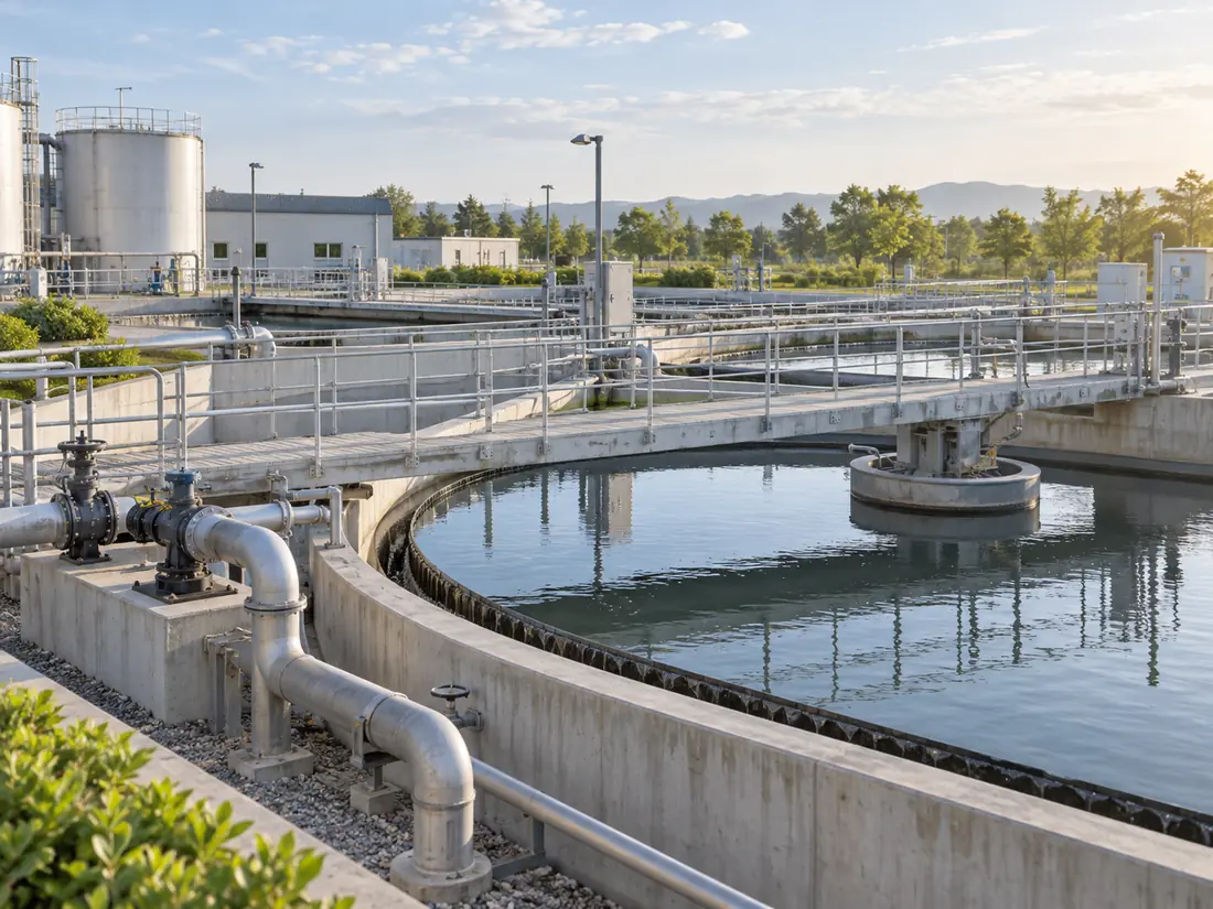 Outdoor water treatment basins and service walkways